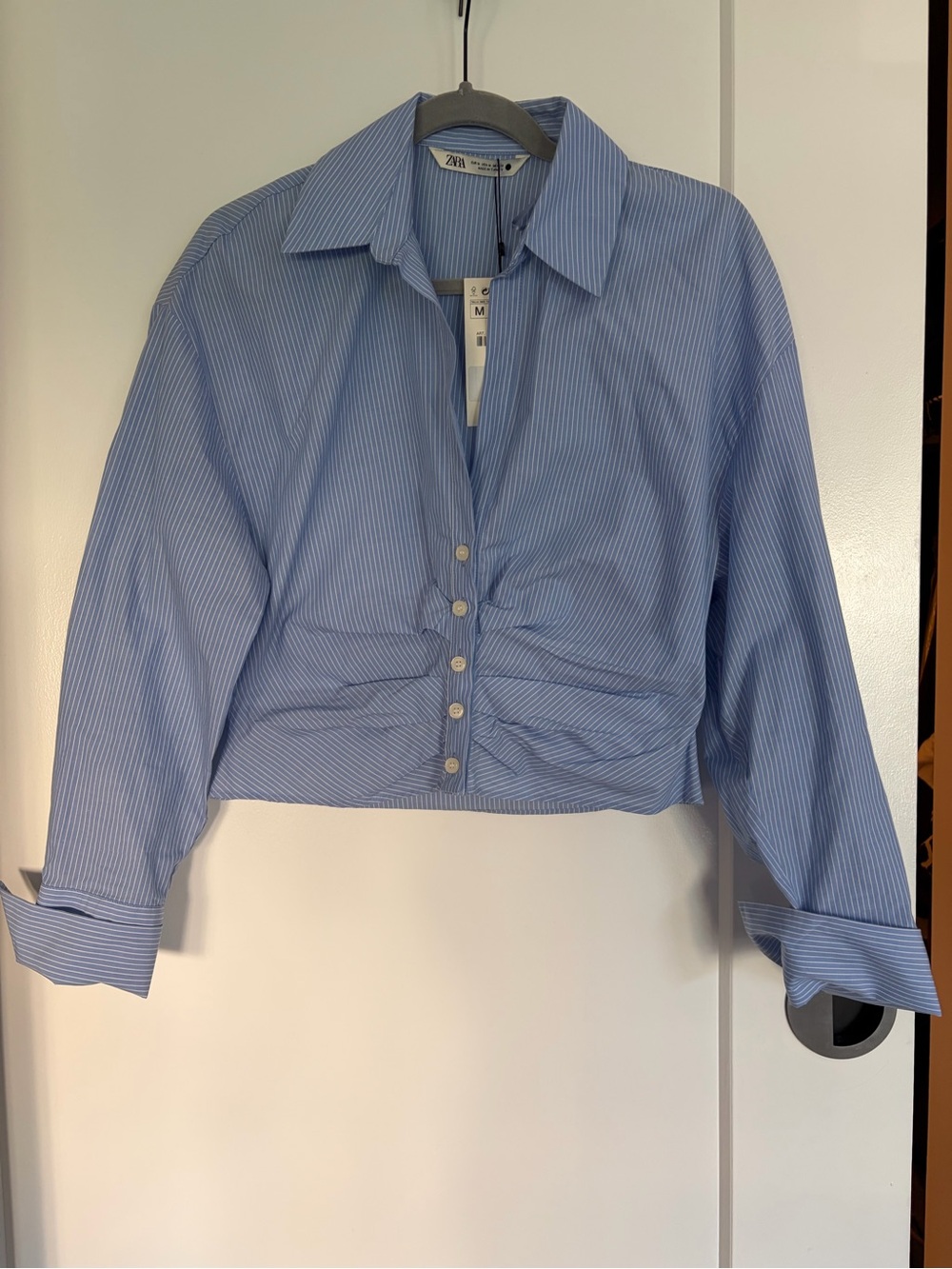 Zara Light Blue Pinstripe Cropped Button-Down Shirt